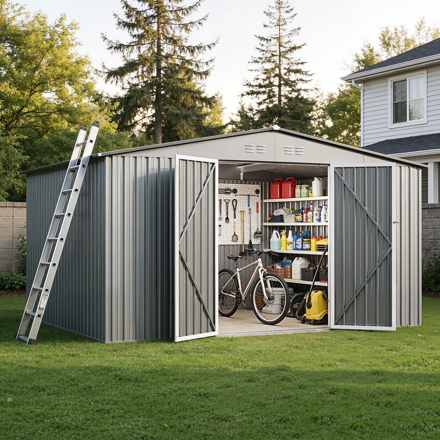 12 x 10FT Sheds & Outdoor Storage, Grey Metal Waterproof Storage Shed with Door and Lock Outdoor Shed,All-Weather Shelter for Bike, Gardening Tools, Lawn Mowers