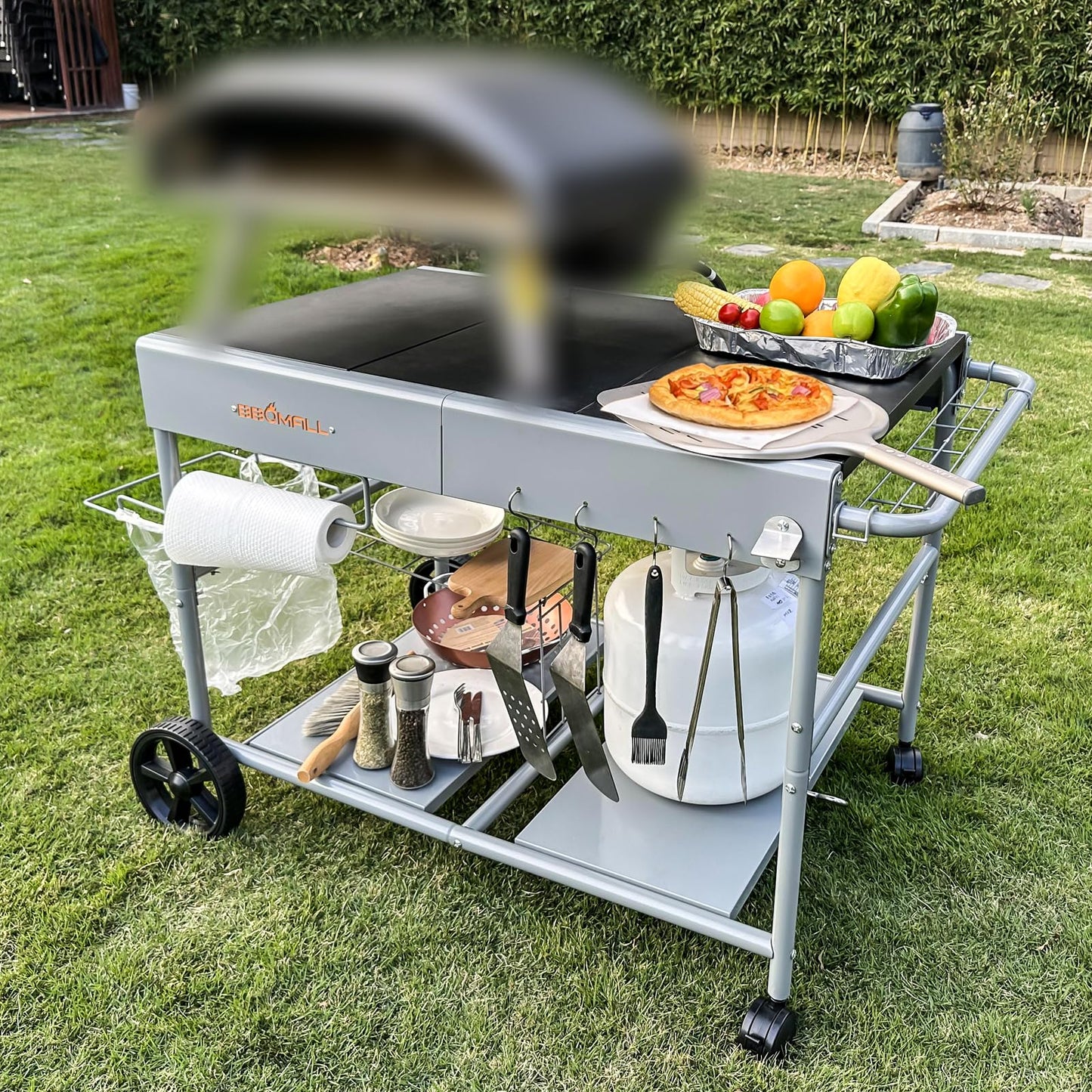 BBQMall Upgraded Pizza Oven Cart Table for Ooni Koda/Karu/Fyra 16 & 12, Movable Thicken & Widen Rolling Kitchen Cart, Outdoor Grill Stand for Ninja Woodfire,Blackstone Griddle,Barbecue Tool Set