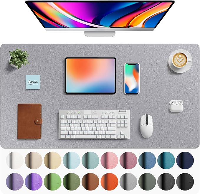 Aothia Faux Leather Desk Mat - Large Mouse Pad, Non-Slip PU Leather Blotter, Waterproof Writing Surface for Office and Home (Light Grey, 40" x 24")