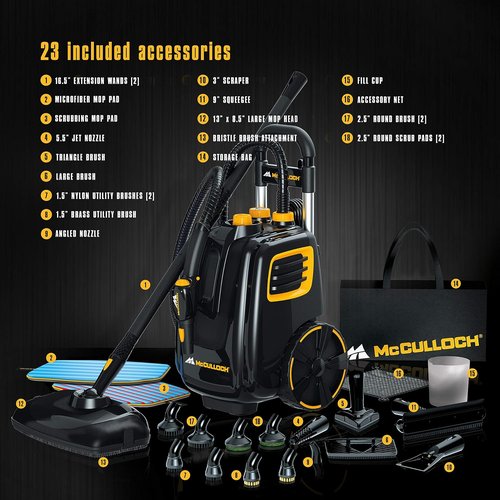 McCulloch MC1385 Deluxe Canister Steam Cleaner - 23 Accessories & Replacement Mop Pads Included
