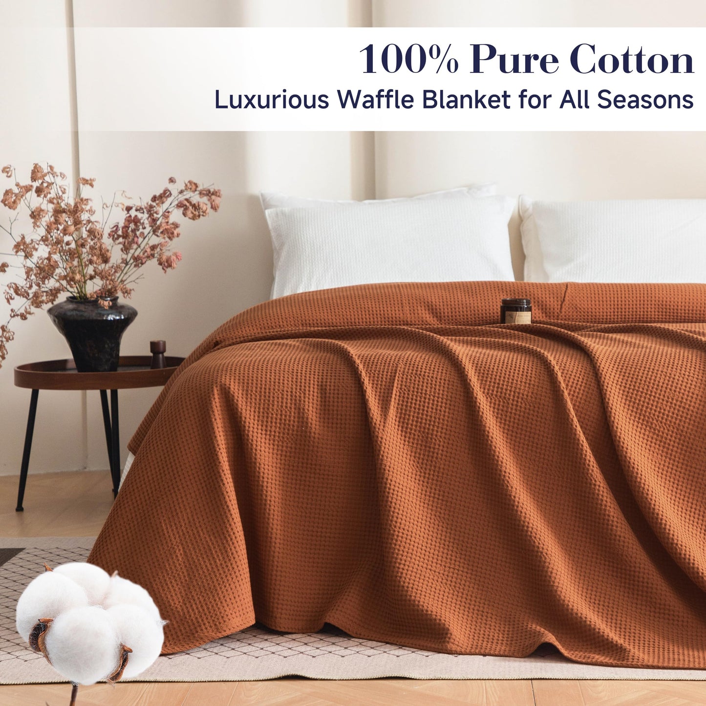 Simple&Opulence 100% Cotton Waffle Weave Throw Blanket 40"x50", Soft Lightweight Breathable Cozy Washed, Layer Blanket for Couch Bed Sofa, Farmhouse Home Decor for Adults All-Season, Rust Orange