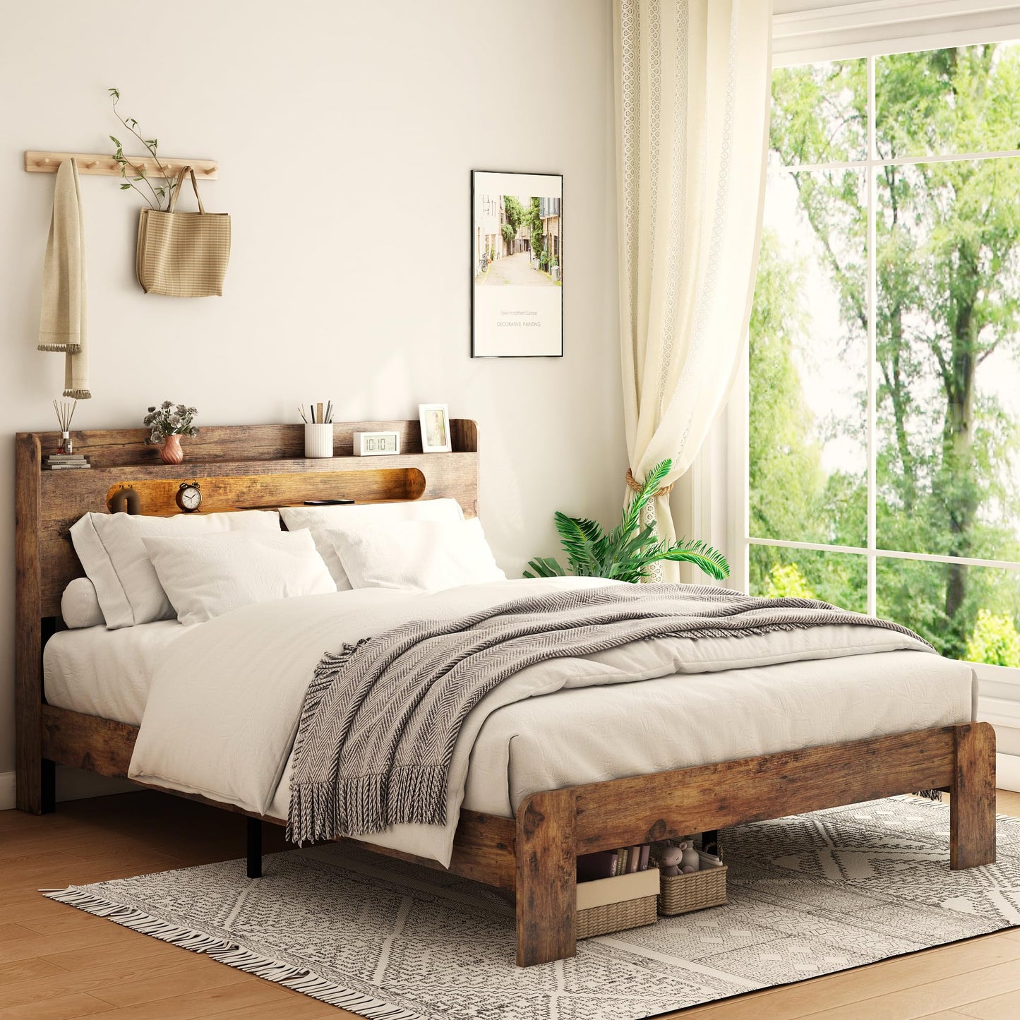 GDFStudio Full Size Wood Platform Bed Frame with Storage Headboard and Charging Station, LED Light Headboard with 2 USB Ports and Power Outlets, Noise-Free Support, No Box Spring Needed, Dark Brown
