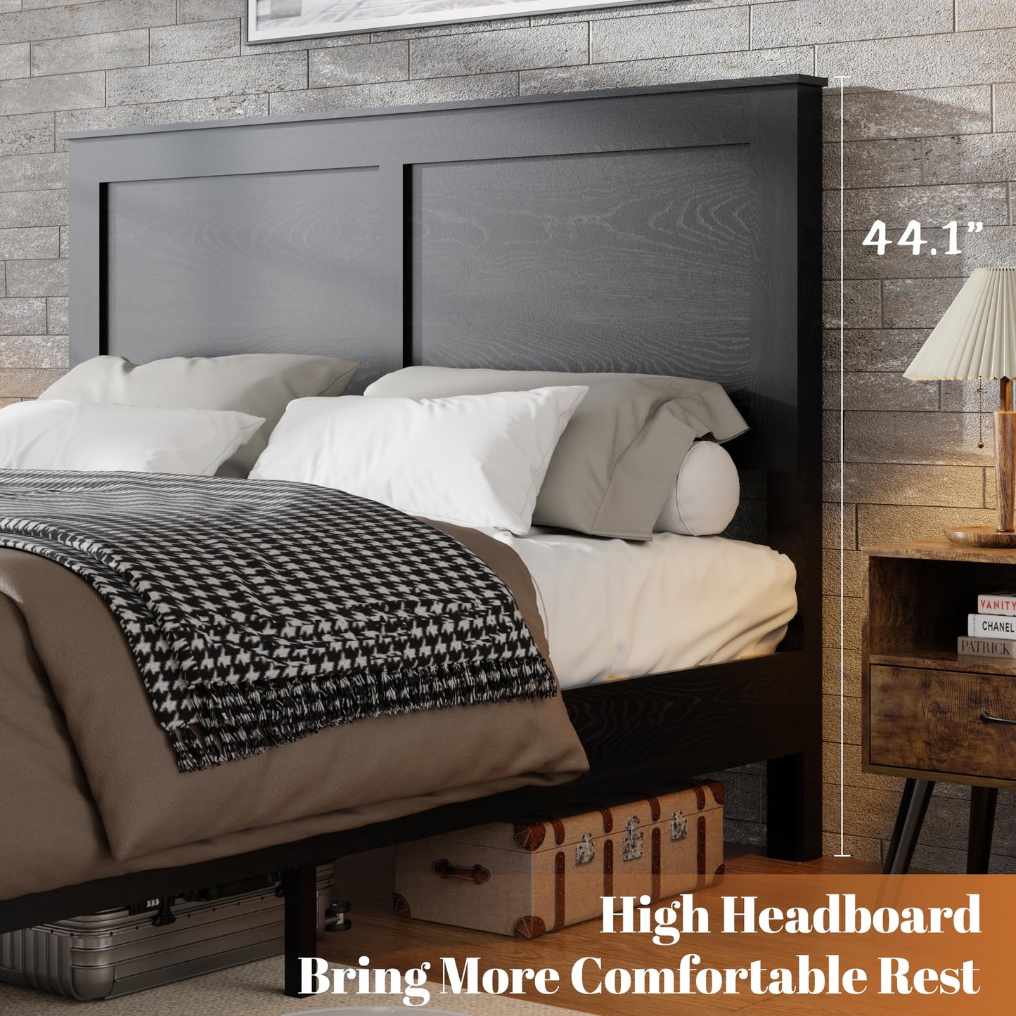 Full Size Wood Platform Bed Frame with Metal Structure, Industrial Style Bed with Wood Slats Support, No Box Spring Needed, Noise-Free Design, Large Underbed Storage, Easy Assembly, Dark Brown