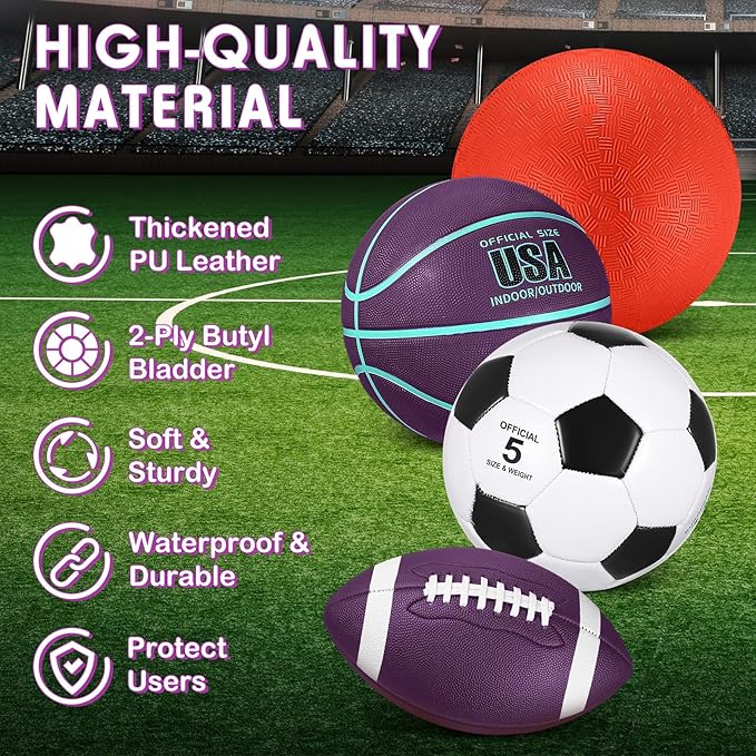 Lenwen 4 Pcs Sports Balls Set, Include Official Size Basketball Soccer Football Playground Ball Pump Equipment Bag for Teen Adult Gift Operation Christmas Ball Gifts