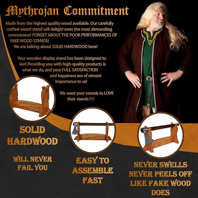 Mythrojan Medieval Sword Stand Solid Wood Horizontal Display Rack for Katana, Samurai, Gladiator, Crusader Swords Elegant Tabletop Holder, 1-Tier