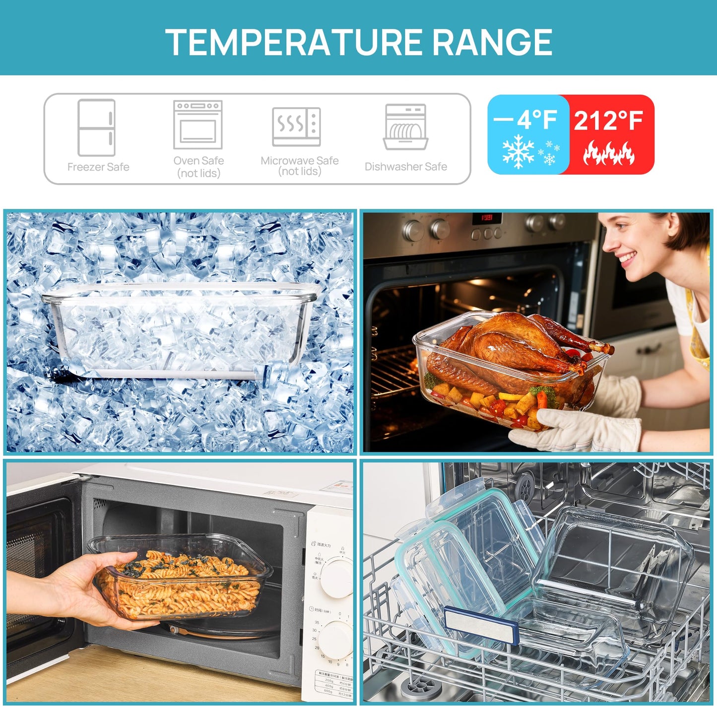 Vtopmart 122oz+50oz Large Glass Food Storage Containers with Airtight Lids, Big Glass Containers for Roasting Chicken, Baking Casseroles, Food Storage, Meal Prep, Fruits, Thanksgiving Meals, BPA-Free