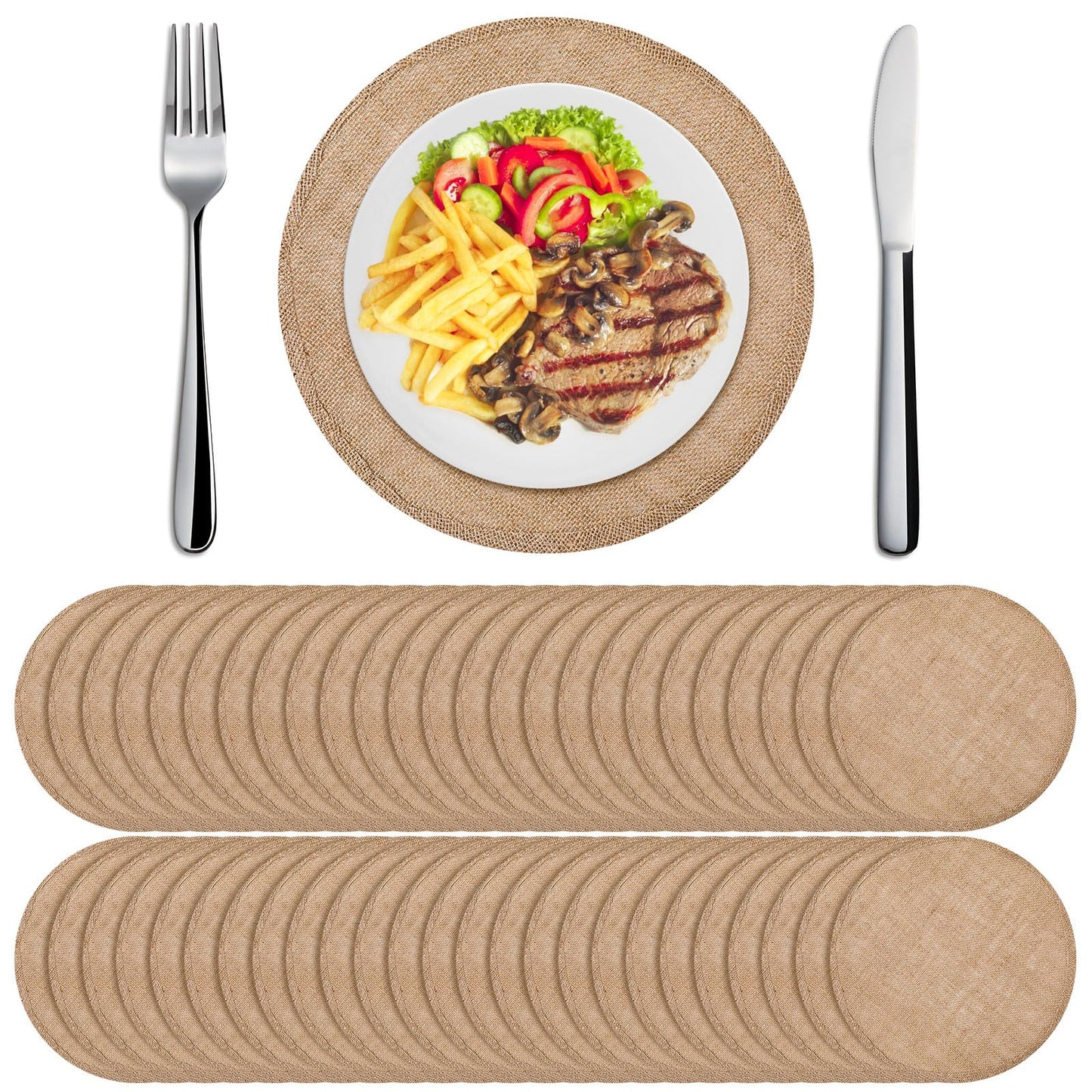 Yunlly Set of 48 Round Burlap Placemats Bulk Burlap Farmhouse Placemats Set Heat Resistant Table Mats Circle Jute Charger Place Mats for Wedding Holiday Dinner Rustic Table Decorations(11.8 in,Brown)