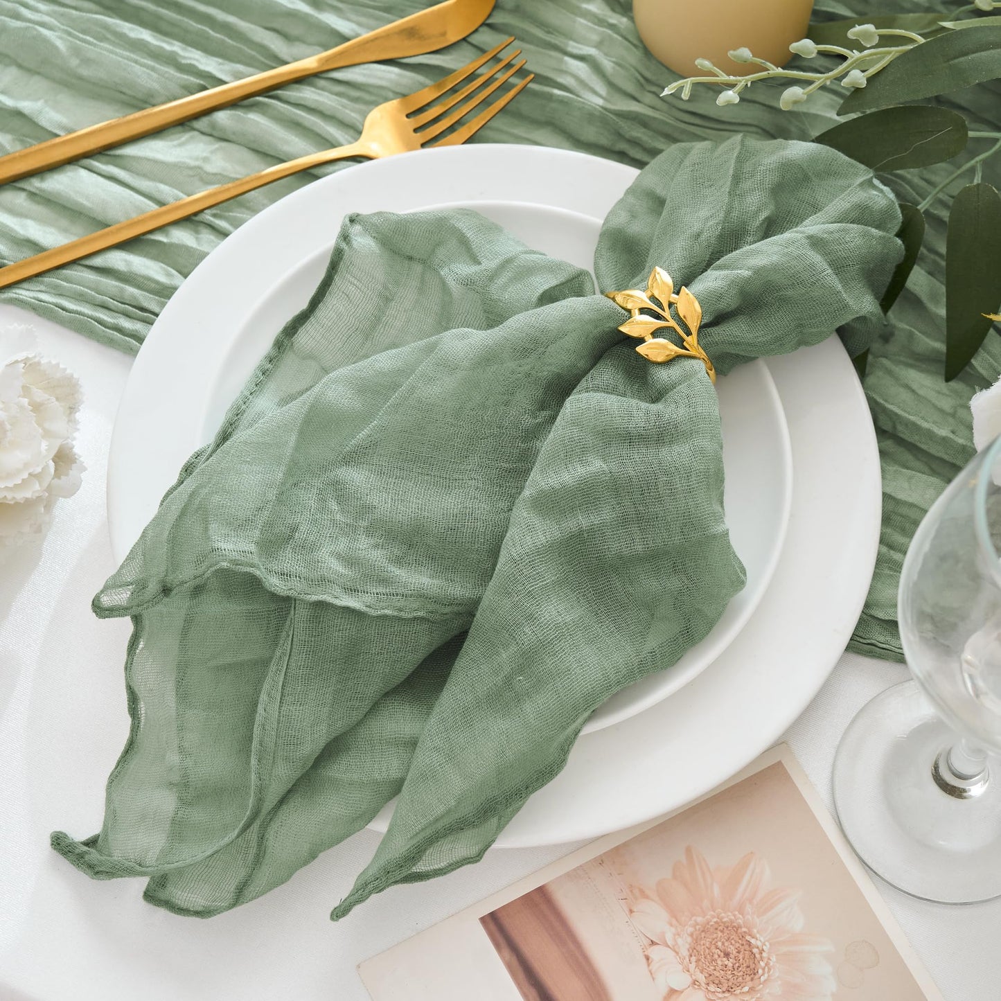Xiomot 12 Pack Cheesecloth Napkins 20"x20" Sage Green Boho Gauze Cheese Cloth Napkins Bulk Rustic Dinner Table Decor for Wedding Bridal Baby Shower Party