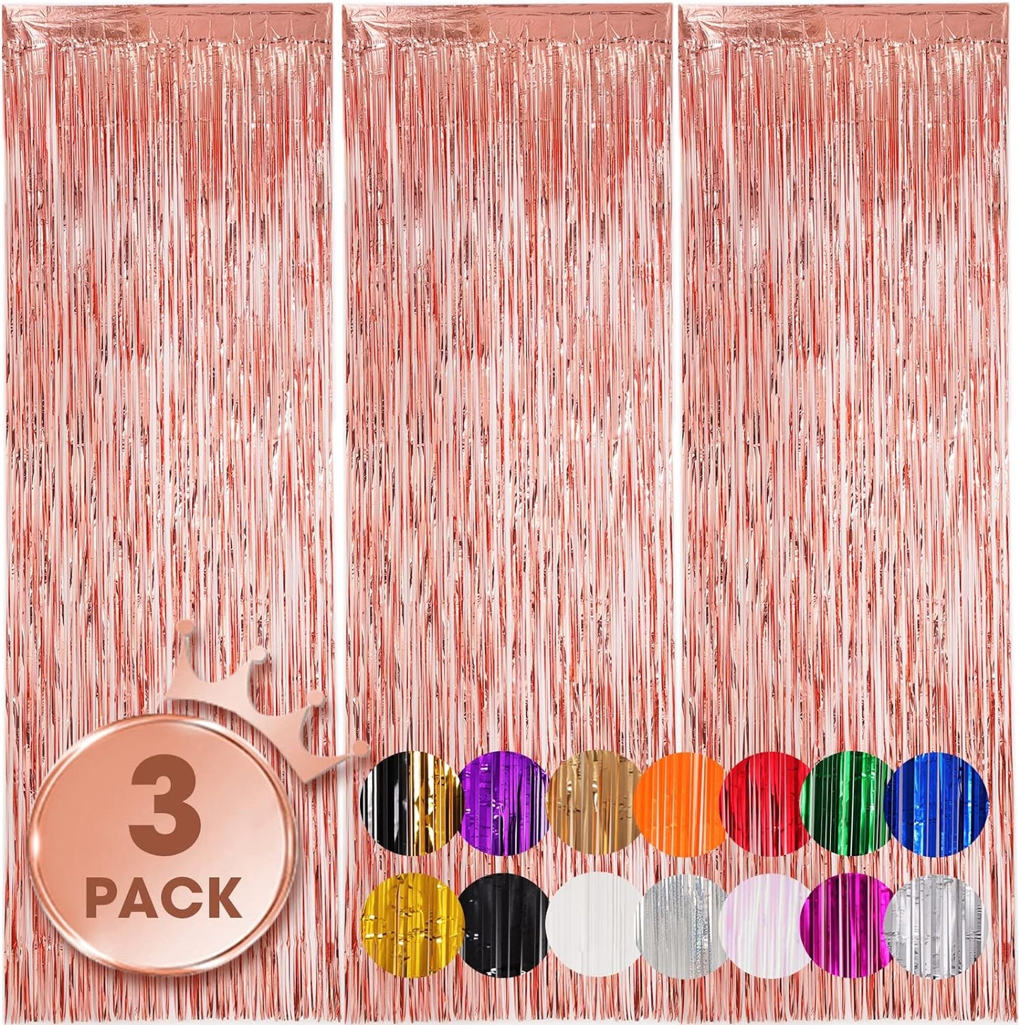 Voircoloria Rose Gold Foil Fringe Backdrop Curtains - 3 Pack Tinsel Streamers for Parties & Events