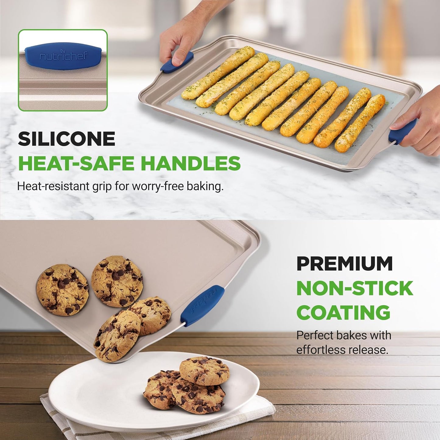 NutriChef 6-Piece Nonstick Bakeware Set | Premium Carbon Steel Baking Trays with Silicone Handles - Includes Loaf Pan, Muffin Pan, Round & Square Roasters, Cookie Sheet