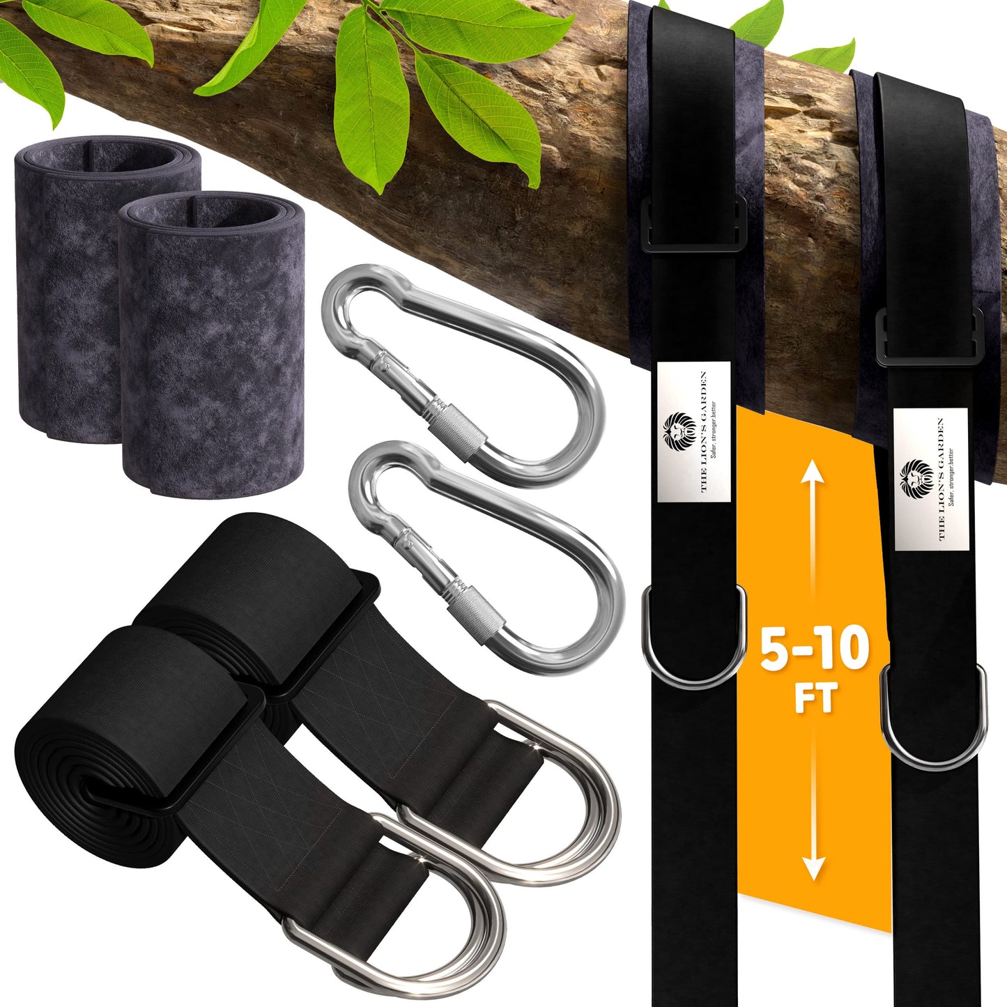 The Lion’s Garden Tree Swing Straps 2 Pack – Adjustable 5–10 ft Tree Swing Hanging Straps, Heavy Duty Hammock Straps for Trees with Carabiners & Tree Protectors Up to 3376 Lbs