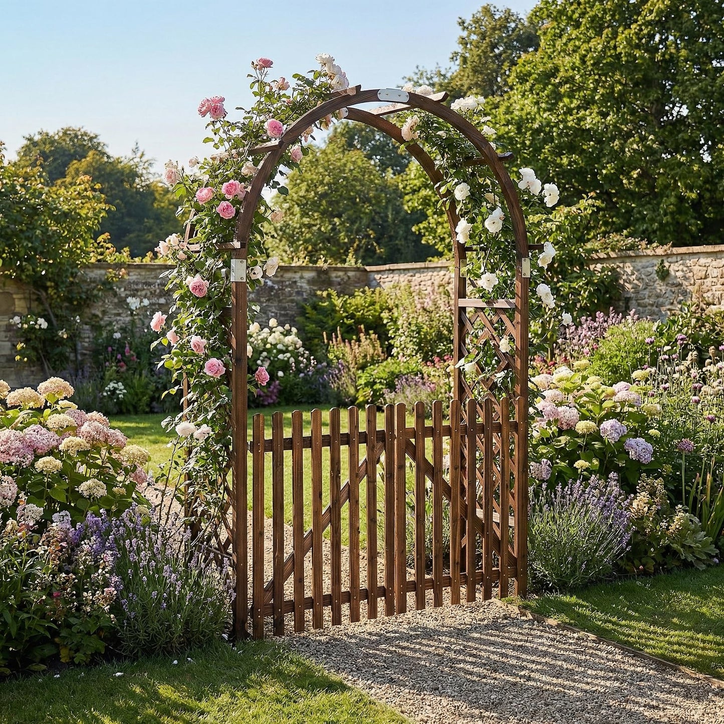 VINGLI Wooden Garden Arbor, Heavy Duty Outdoor Frame Trellis with Gate for Ceremony, Wood Trellis Garden Arch Pergola for Plant Climbing, Patio, Lawn, Wedding