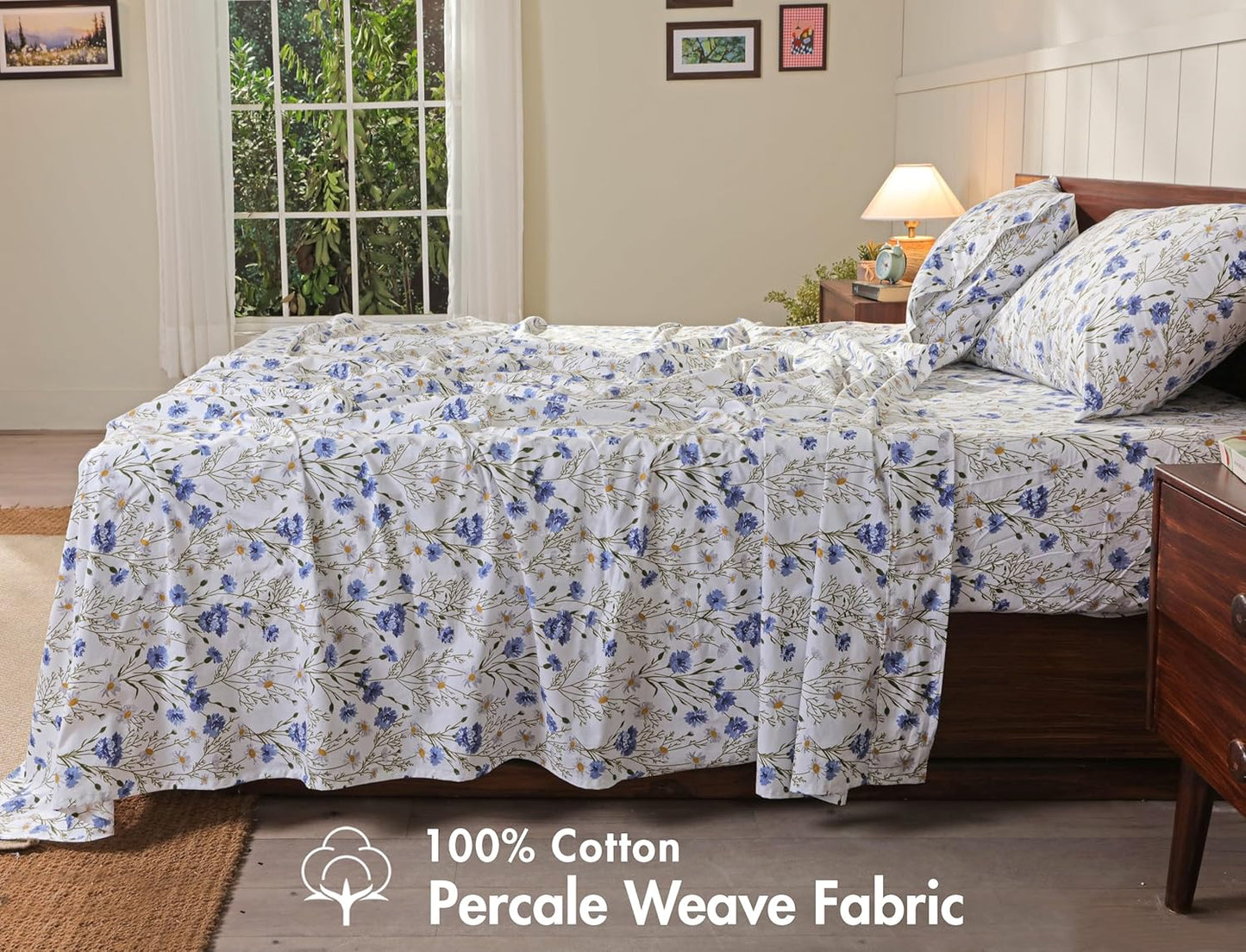 RUVANTI King Size Cotton Sheets - 100% Percale Bedding, Cooling Floral Design, 16" Deep Pocket, 4-Piece Set