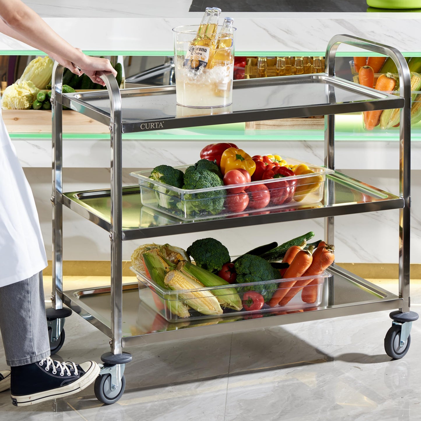 CURTA Stainless Steel Serving Trolley, 38" L x 20" W x 37" H 3 Tiered Shelf Kitchen Utility Cart, Rolling Casters Brake Wheel, Commercial Pro for Restaurant/Hotel/Lab/Clinic/Salon/Workshop