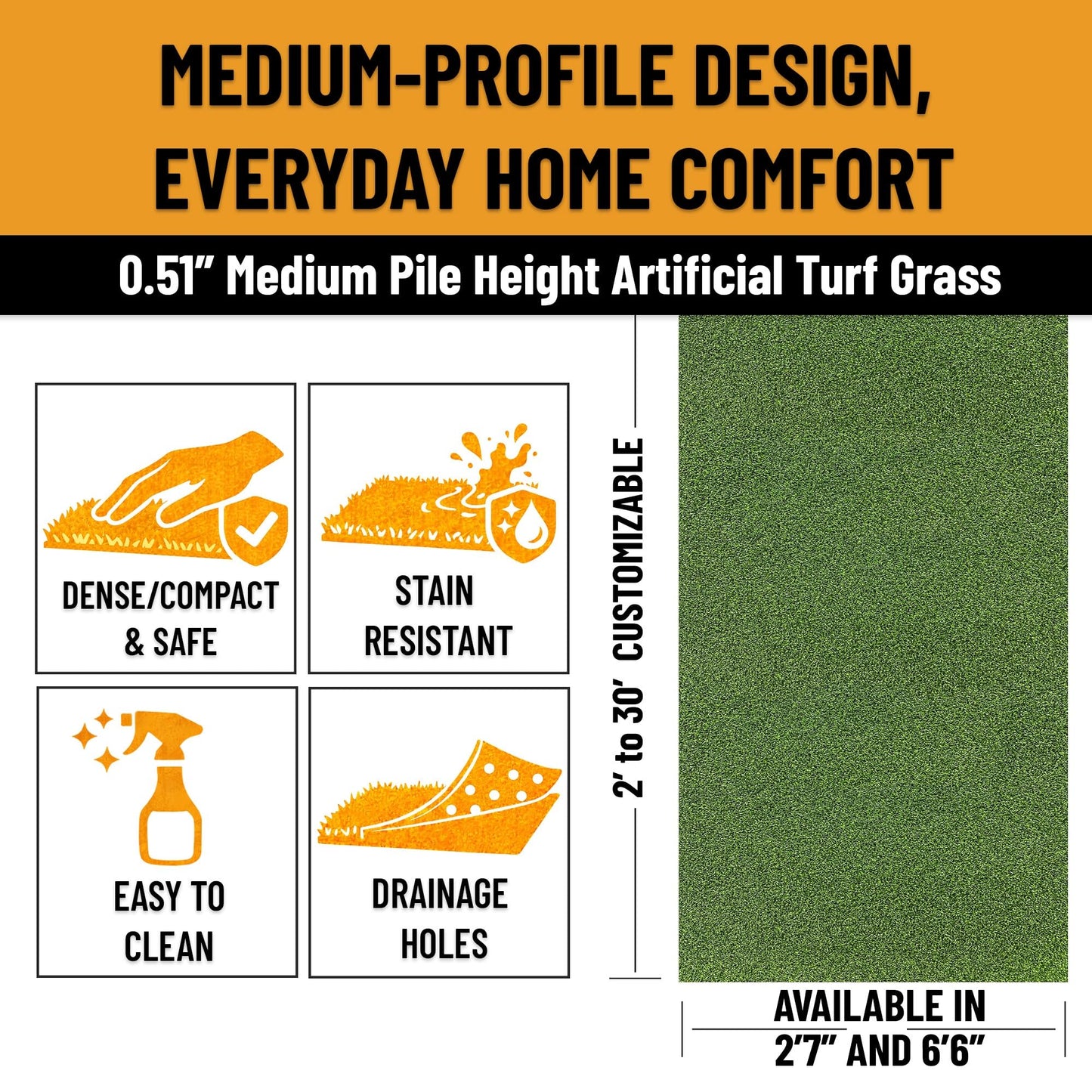 Ottomanson Artificial Grass Rug 4' x 6'6", Indoor Outdoor Fake Grass Rug for Patio, Deck, Backyard & Home Gym, Large Area Turf with Drainage Holes, UV Resistant