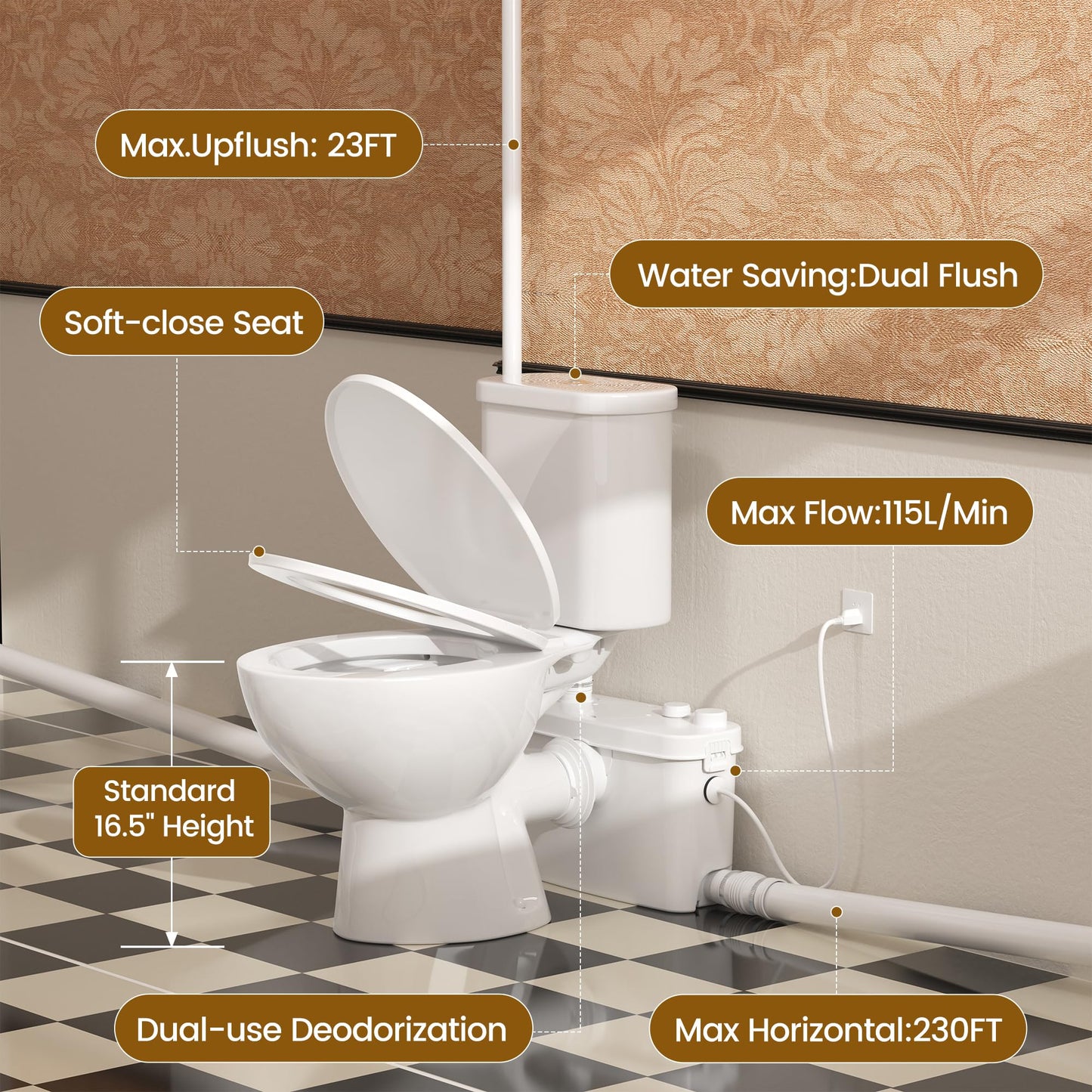 SUPERFLO Macerating Toilet System 500W Upflush Toilet for Basement with 4 Water Inlet for Basements & Garage, Macerator Toilets Pump System - Easy Install & 1.28GPF Dual Flush