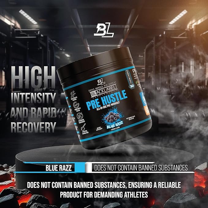 BLACKLABEL Supplements PRE Hustle V3 Pre-Workout Powder ??NSF Certified for Sport ??Energy, Strength & Endurance Support ??Blue Razz ??with Creatine & Caffeine ??30 Servings