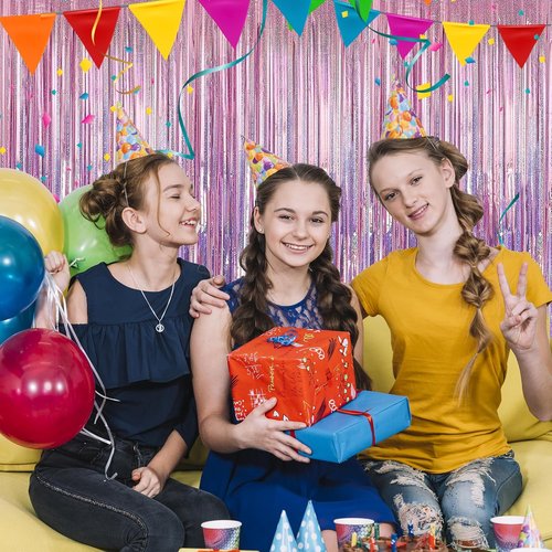 Crosize 7 Pack Laser Pink Foil Fringe Backdrop Curtains - 3.3 x 9.9 ft Tinsel Streamers for Parties | Photo Booth Decor