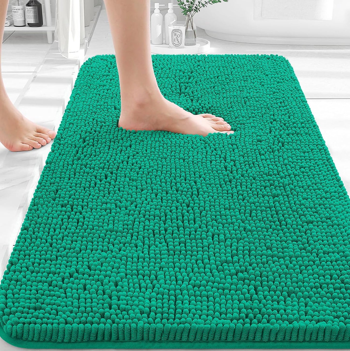 OLANLY Extra Soft Chenille Bathroom Rugs - 36x24 Quick Dry, Machine Washable, Rubber Backing | Emerald Green