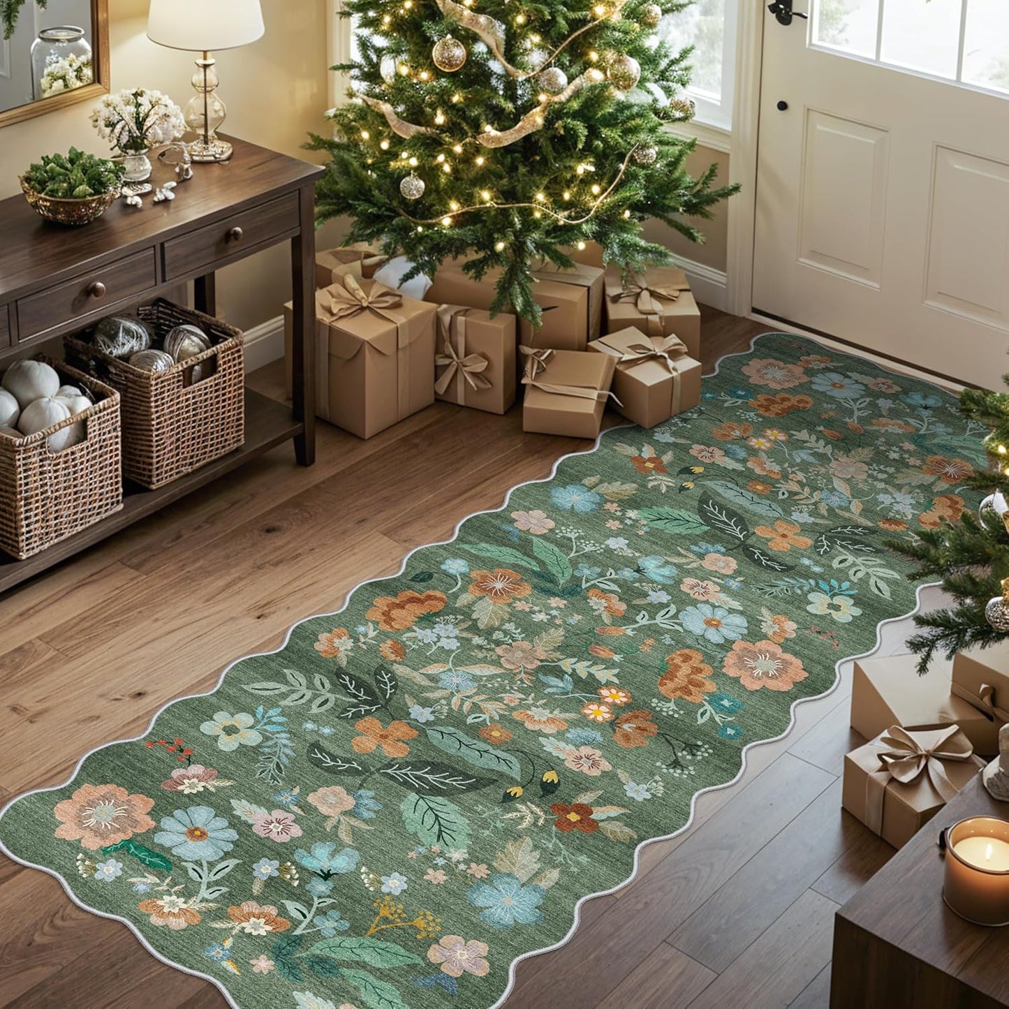 Washable Runner Rug by [Brand Name] - 2x6 Easy-Clean Non-Slip Carpet for Entryway & Hallway | Stain-Resistant Floral Green Design
