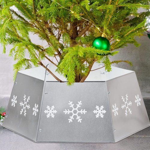 FORUP Metal Christmas Tree Ring - Printed Snowflake Design | Decorative Tree Skirt Base (Silver)