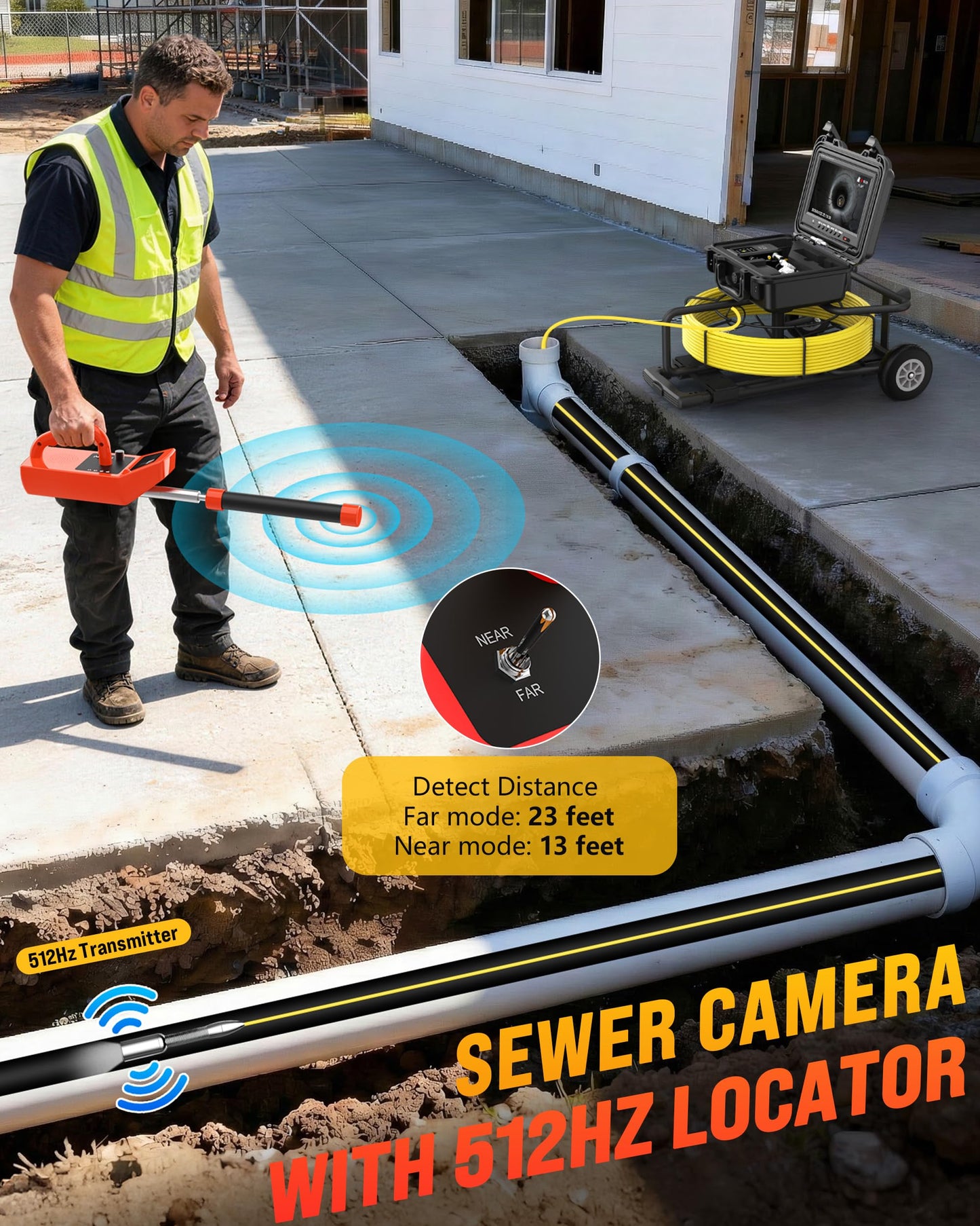 OKK Sewer Camera with 512Hz Locator, Professional 9" Self-Leveling Drain Camera 200ft, Distance Counter, 7mm Cable, Pull Handle, Wheels, IP68 Waterproof, DVR with Mic, 32GB Card, 5100mAh Battery