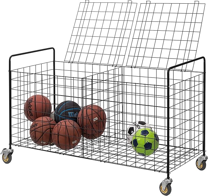 MyGift X-Large Capacity Black Metal Sports Ball and Gym Equipment Storage Rolling Cart with 2 Compartments, Lock Latch and Heavy-Duty Locking Caster Wheels, Garage Ball and Gear Organizer Holder
