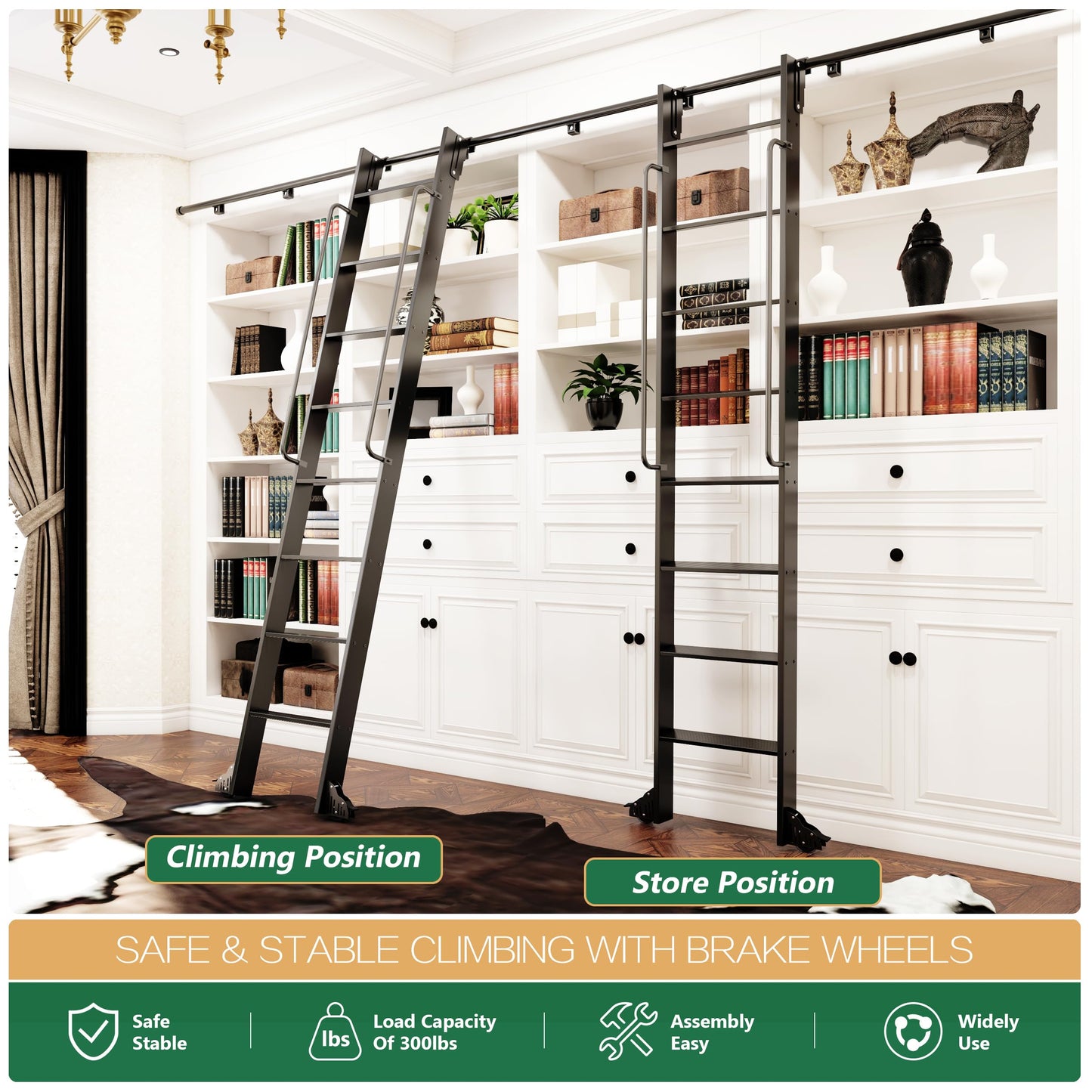 104RDHOUSE 9FT Lightweight Aluminum Rolling Step Ladder 108",Rolling Library Ladder with Wheels,Industrial Sliding Ladder for Home Library,Bookshelf, 4FT Hook Ladder Bookcase Track Kit for Home