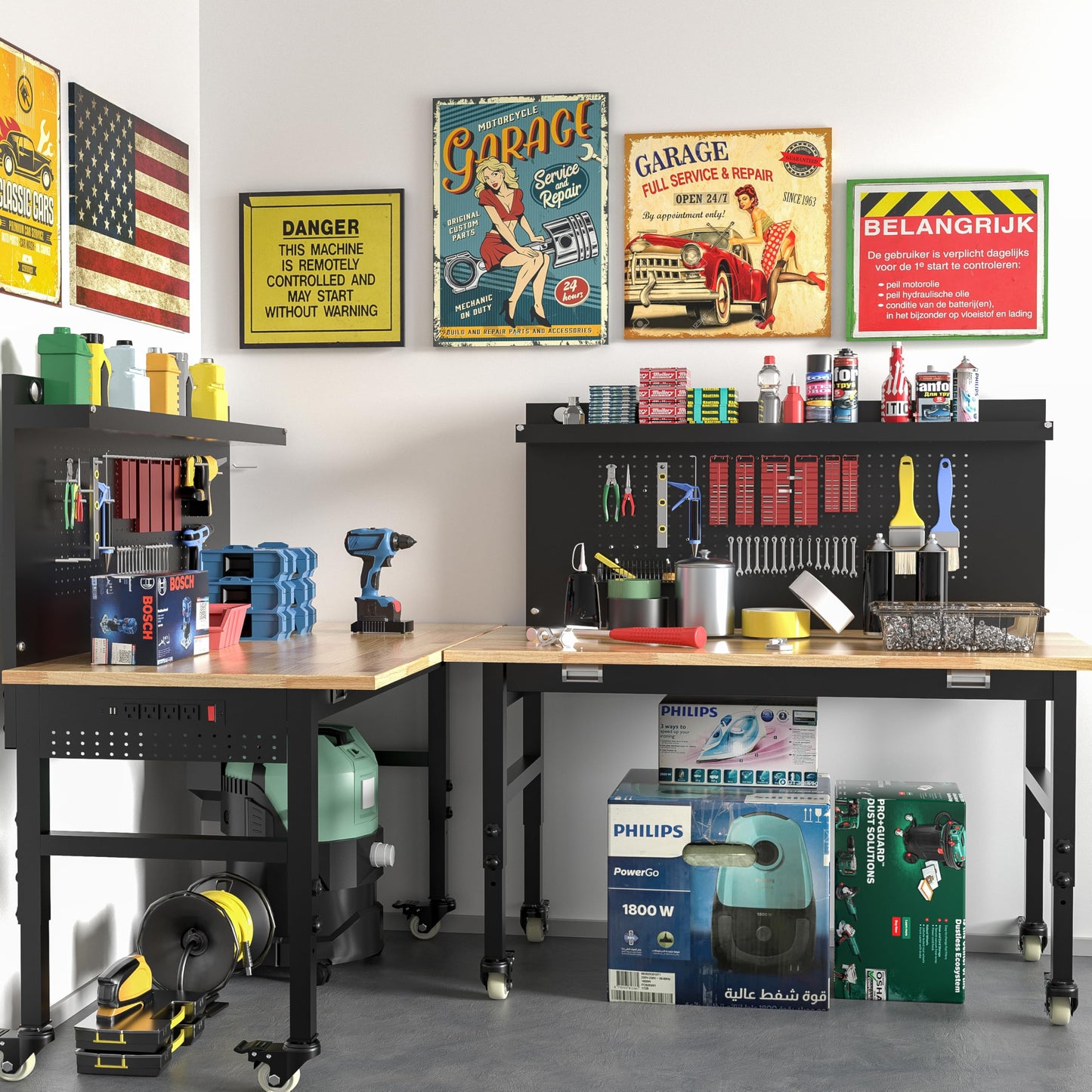 Betterhood 48" Heavy Duty Adjustable Workbench with Large Pegboard, Adjustable Work Table with Power Outlets & Lockable Wheels, Rubber Wood Workstation for Garage, Workshop, Office, Home, Commercial
