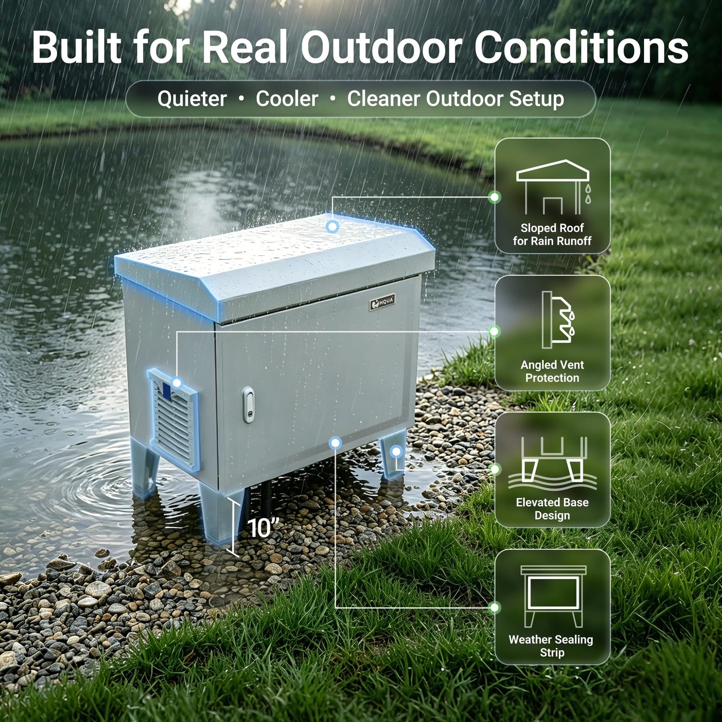 HQUA Pond Aerator Pump Cover Cabinet, Weatherproof Outdoor Protection System with Cooling Fan, Pre-Wired Outlet & 10 ft Power Cord, Galvanized Steel Enclosure 19”W × 14”D × 18.5”H
