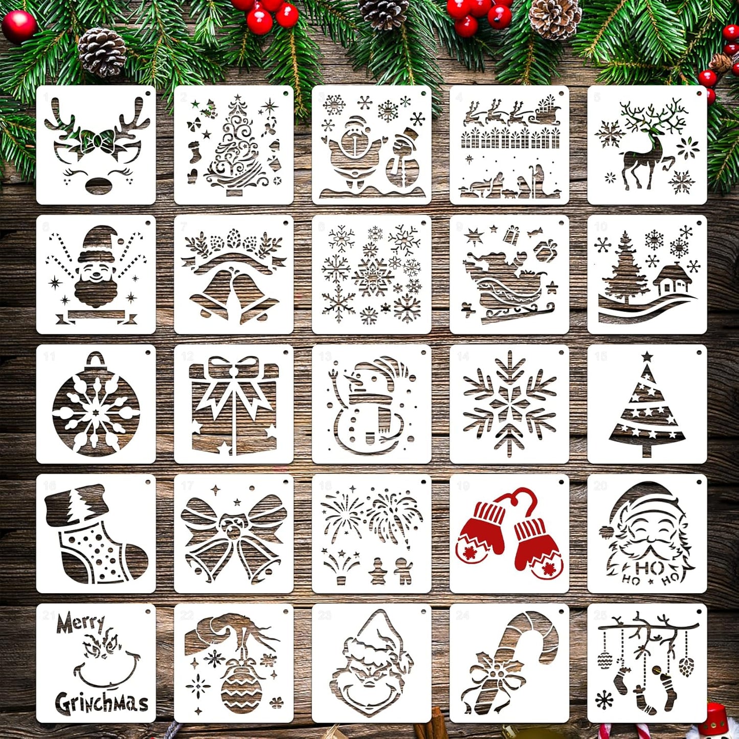 Regine Switzerland 25 Pcs Christmas Stencils - Reusable 6x6 Inch Templates for DIY Crafts & Decorations