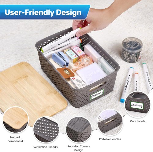 Anysig Plastic Storage Bins - 8 Pack Stackable Baskets with Bamboo Lids for Organizing | Grey