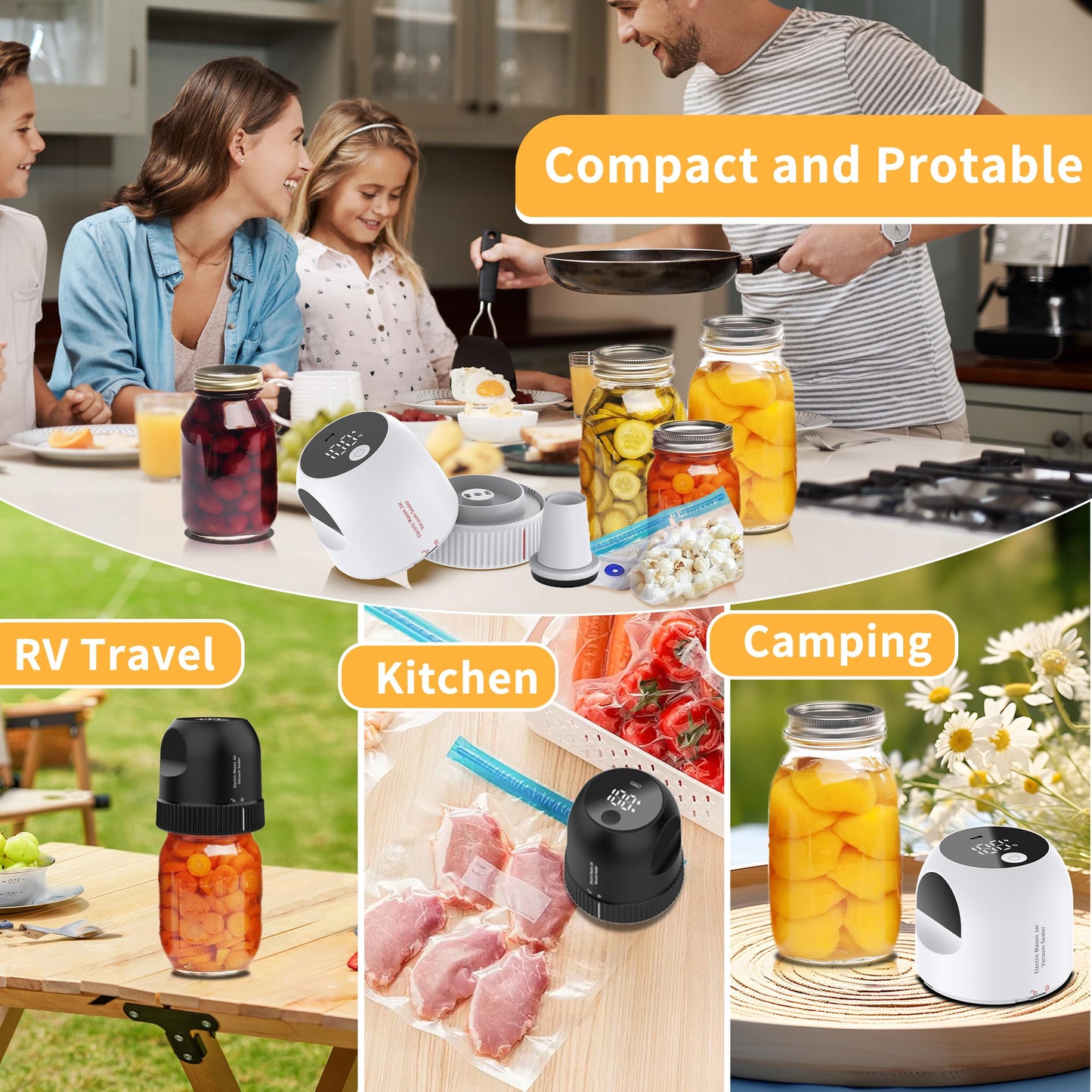 3 in 1 Electric Mason Jar Vacuum Sealer Kit, Auto Stop Jar Vacuum Sealer for Mason Jar Wide & Regular Mouth & Sous Vide Bags Compact vacuum sealer for Food White