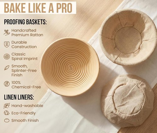 Kook Banneton Bread Proofing Baskets - Artisan Sourdough Making Set of 2 | 9-Inch Handwoven Rattan with Cloth Liners