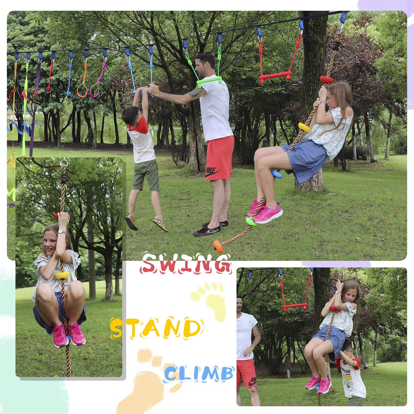 Rainbow Craft Colorful Climbing Rope - 6.5ft with 5 Knotted Foot - Kids Ninja Rope for Ninja Warrior Slackline Obstacle Course Accessories Kids Swing Set Backyard Play
