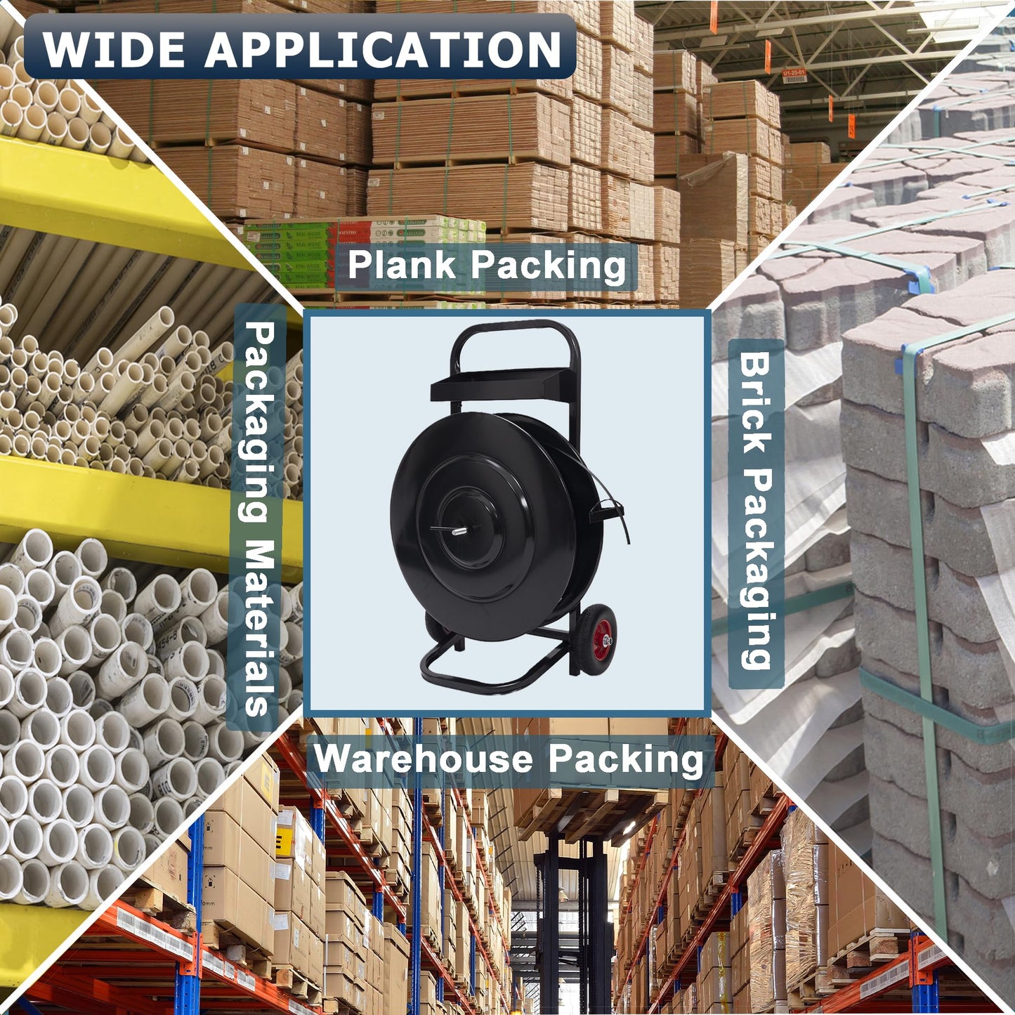 Heavy Duty Banding Strapping Cart & Dispenser - Fits 8" x 8"/16" x 16" Poly/Plastic Steel/Fibre Strapping - Built-in Tool Tray for Seals/Tensioner & Durable Frame (Black)
