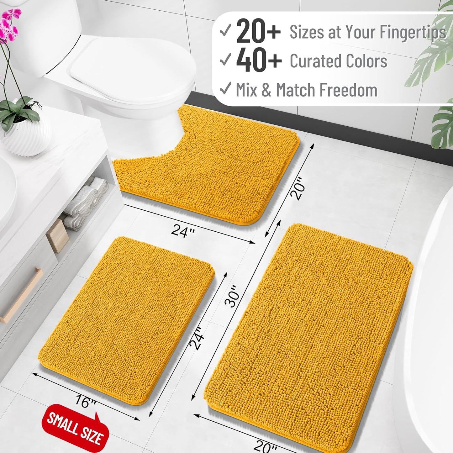 OLANLY Bathroom Runner Rug - Soft Absorbent Chenille with Rubber Backing | Quick Dry, 59x20 Inches, Golden Yellow