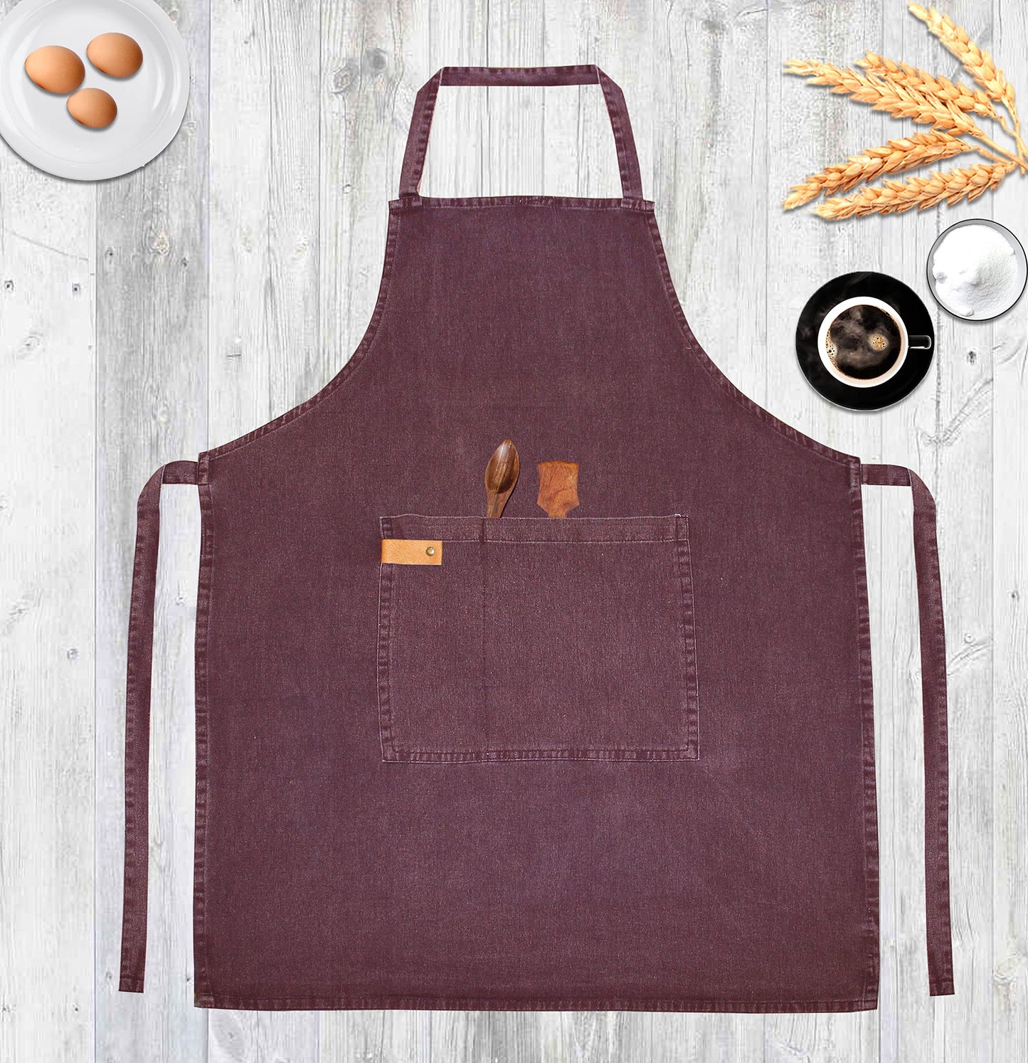 AKCOT 100% Cotton washed Apron with Pocket and Adjustable Neck with Long Ties Apron 25" X 31" for Women Men Chef Cooking, Baking, Gardening, Brown