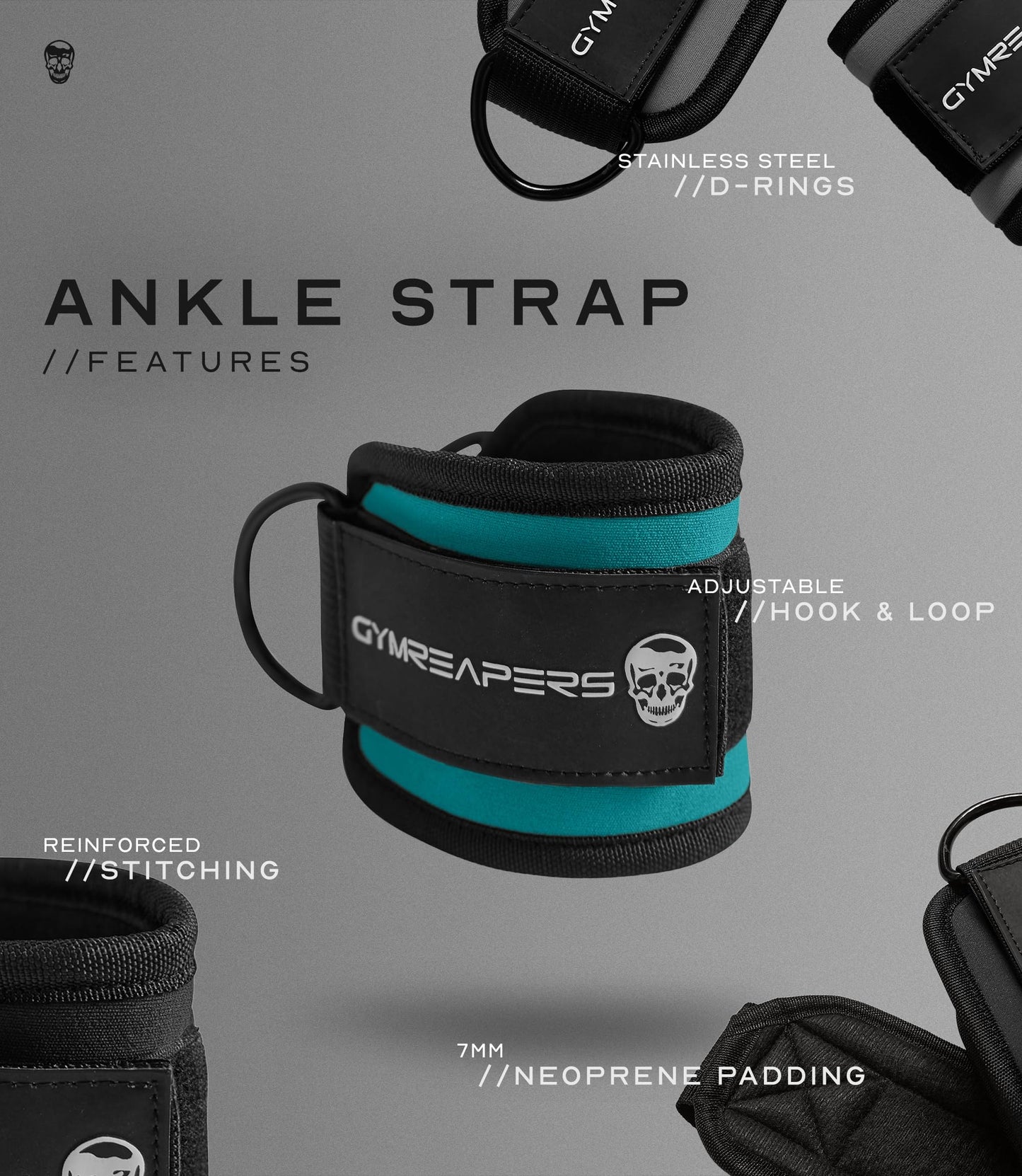 Gymreapers Ankle Straps (Pair) For Cable Machine Kickbacks, Glute Workouts, Lower Body Exercises - Adjustable Leg Straps with Neoprene Padding (Cyan, Pair)