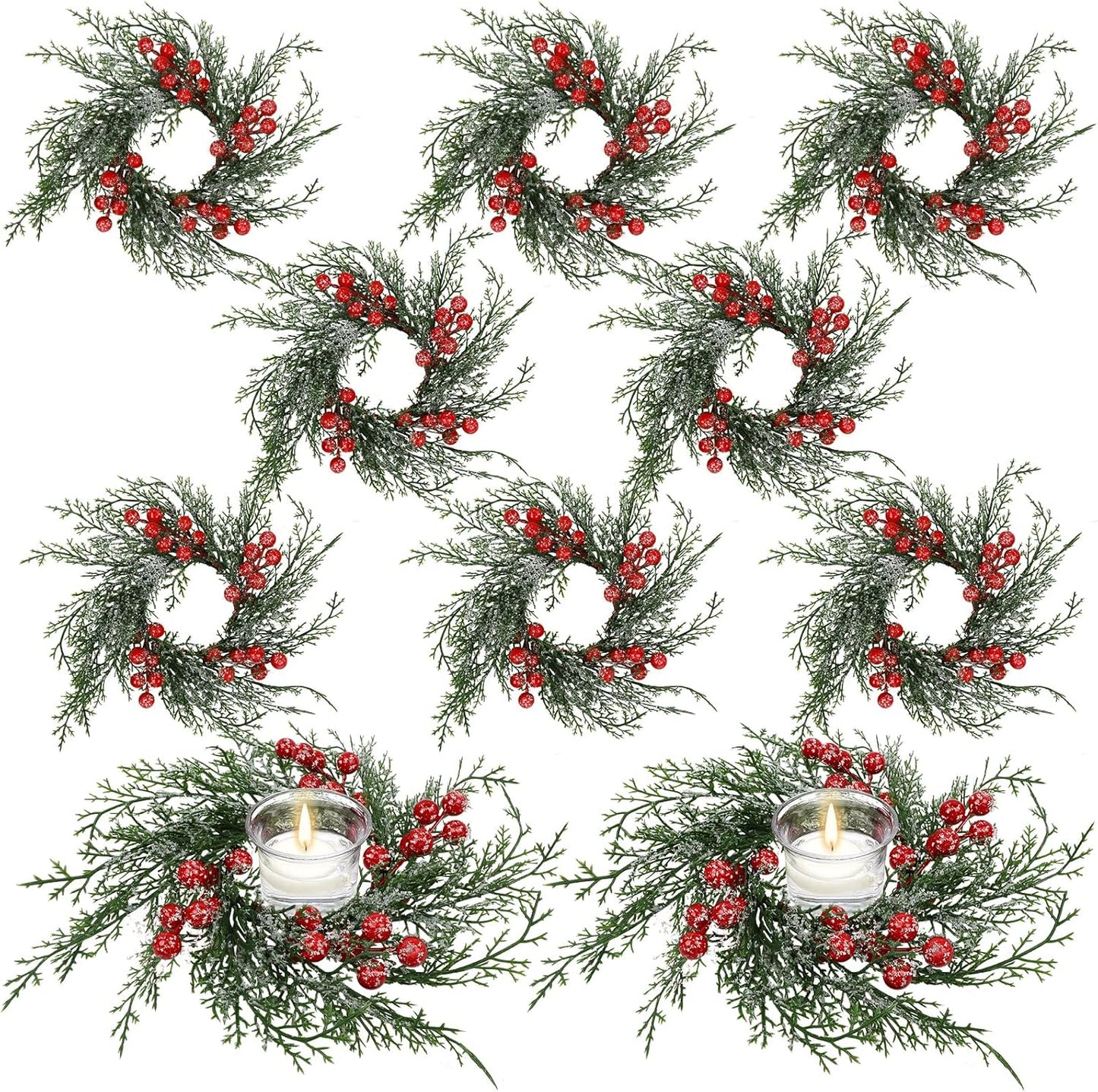 Regine Switzerland Christmas Candle Rings - 10 Pcs Artificial Wreaths with Red Berries & Snowy Pine | Festive Table Centerpiece
