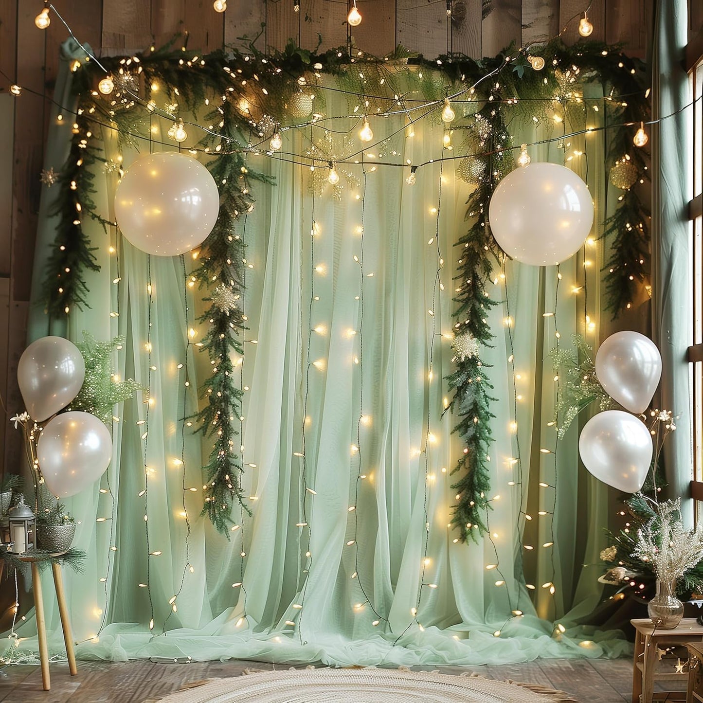 10FT 10FT (2 5x10FT) Fomcet Sage Green Tulle Backdrop Curtains with Lights String X Sheer Curtain with Lights Tulle