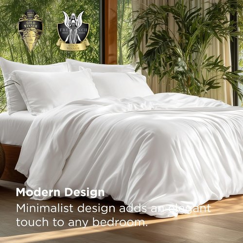Bedsure Bamboo Duvet Cover Set | 100% Viscose Queen Size - Lightweight, Silky & Cooling for Hot Sleepers, Pure White