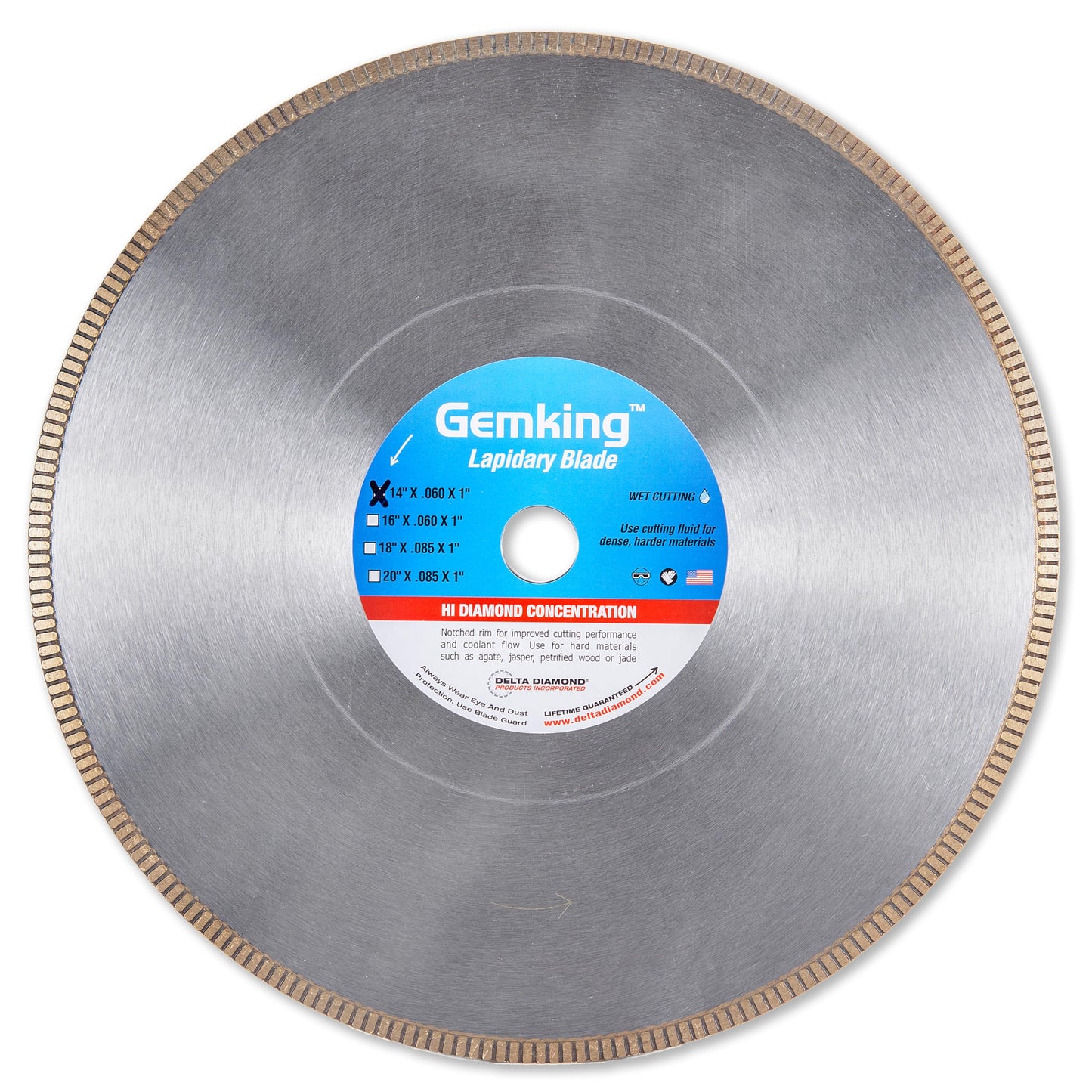Gemking Lapidary Saw Diamond Blade, 14-inch, Ultra-Thin Notched Rim for Gemstones, Agate, Geodes (14" X .060 X 1 Arbor)