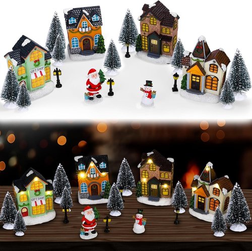 Aneco 19-Piece Christmas Village Set | Resin Houses, Santa & Snowman Figurines, LED Lights, Pine Trees for Winter Decor