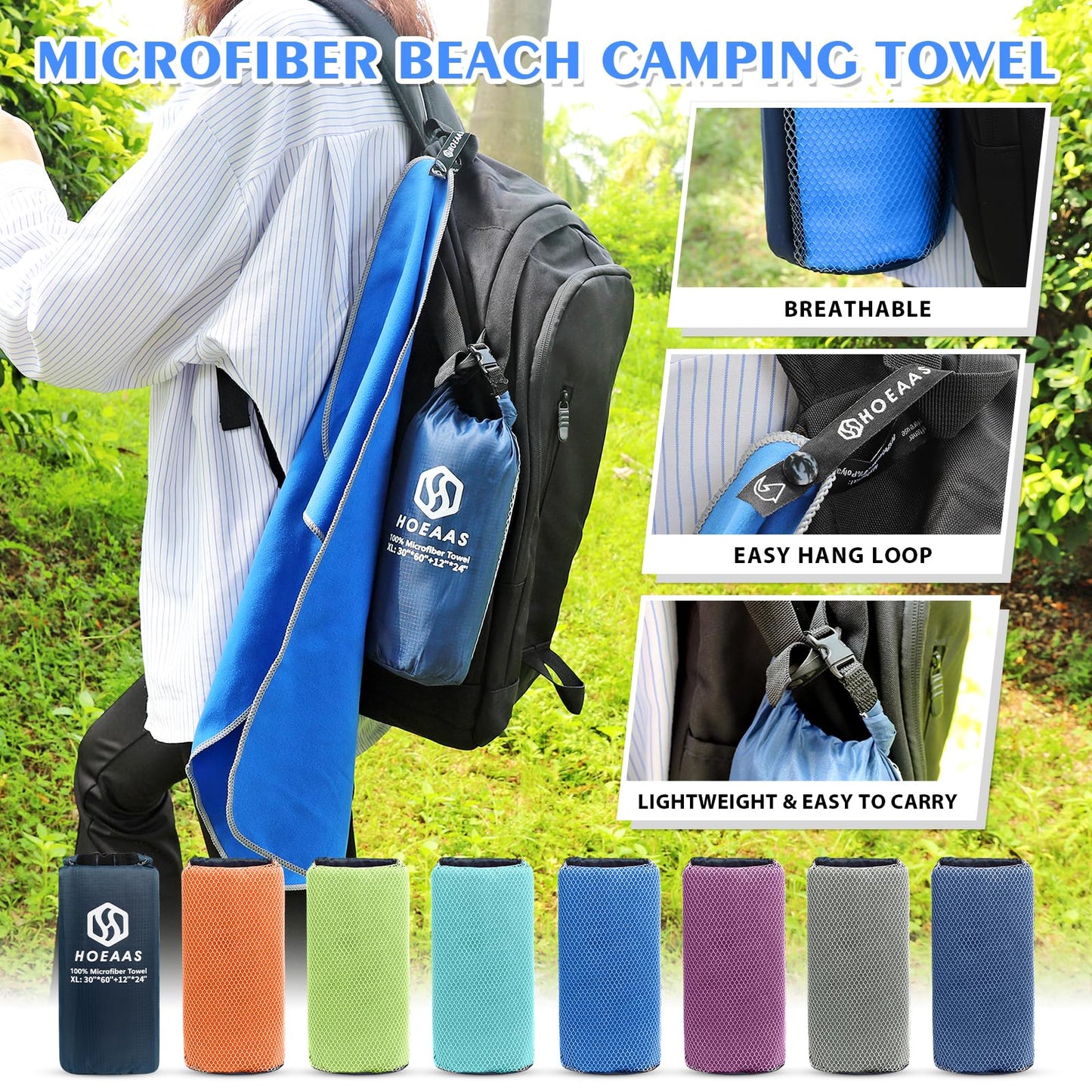 HOEAAS 2 Pack Microfiber Camping Towels, Quick Dry Towel, Super Absorbent Ultra Compact Travel Towel Soft Lightweight Sports Towel for Sweat Fast Drying Towels for Pool,Gym,Hiking,Backpacking,Fitness
