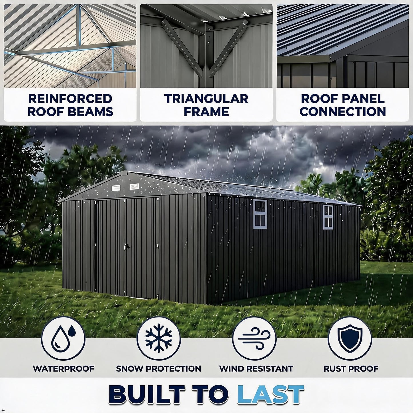 12x25 FT Metal Garage Shed, Outdoor Extra Large Storage Shed with Double Hinged Doors, 4 Windows, Heavy Duty Carport for Cars, Boats, Trucks and Equipment Storage, Gray