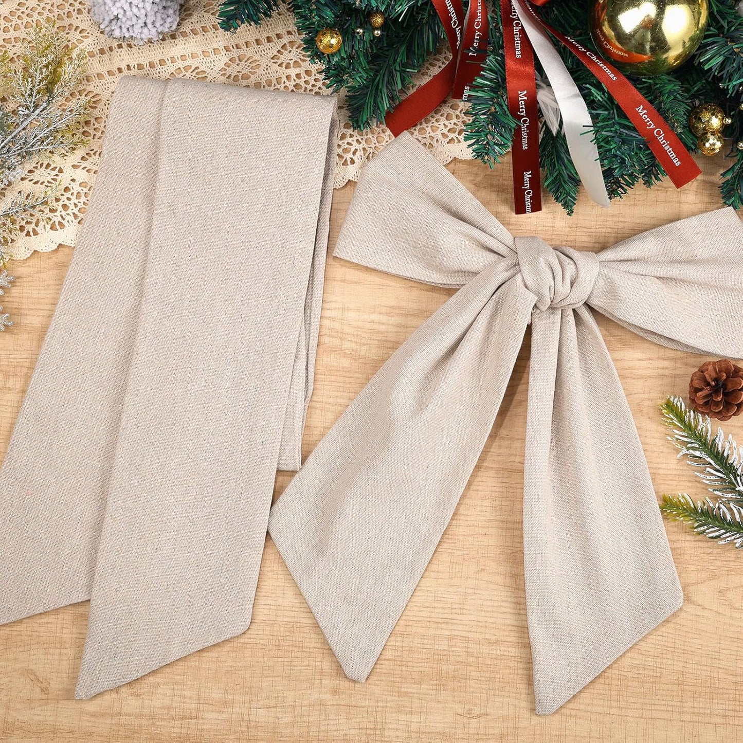 Skiennix 8 PCS Beige Linen Wreath Sashes - Embroidered Blank Accessories for Weddings & Holidays