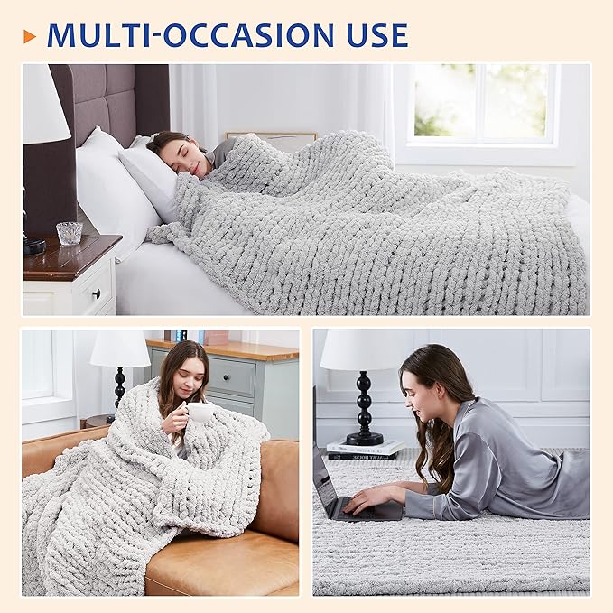 L'AGRATY Chunky Knit Blanket Throw: 60''x80'' Chenille Chunky Knitted Throw Blankets for Twin Bed Couch - Handmade Thick Cable Knit Blanket - Large Crochet Rope Blankets for Home Decor(Grey)
