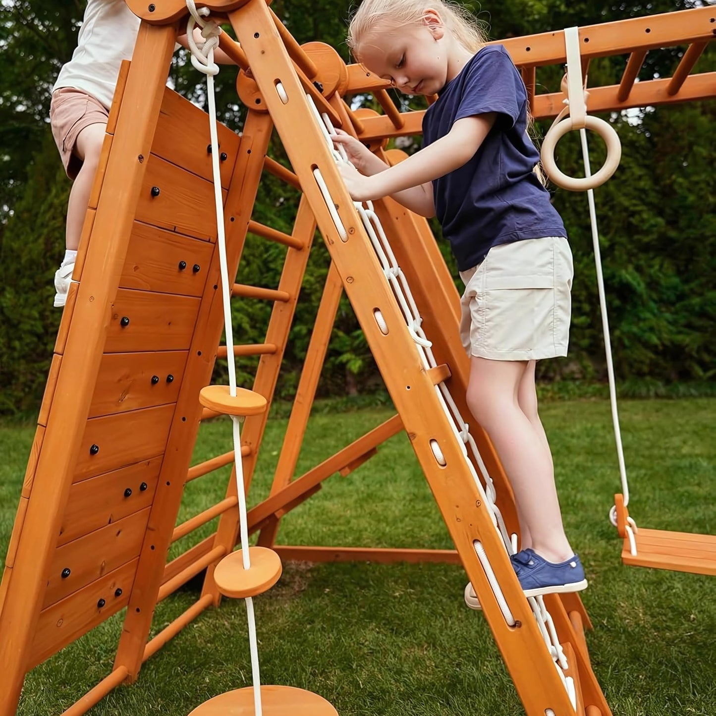 Avenlur 8-in-1 Small Indoor/Outdoor Playset – Foldable Wooden Kids Play Set for Backyard – Kid Playground for Toddlers Age 2–6 with Slide, Monkey Bars, 2 Ladders, 2 Swings, Rock Climbing, Gym Rings