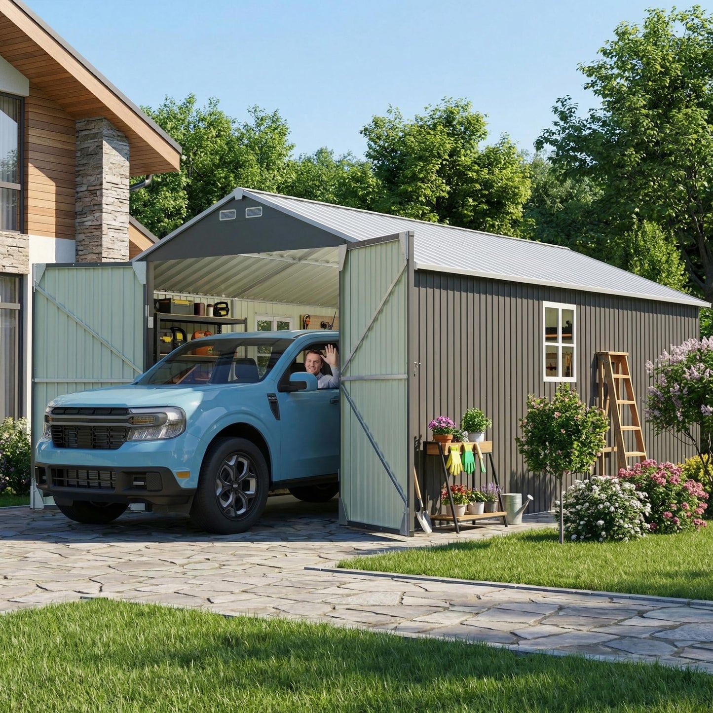 Greesum 12x20FT Metal Carport with Walk-in Side Door, All Weather Metal Garage Shed with Window and Vent, Canopy Shelter with Heavy Duty Frame and Galvanized Roof for Cars, Boats, Tools, Black